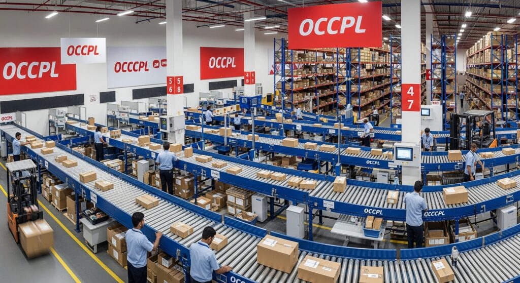 OCCPL logistics warehouse hub with package sorting and distribution operations in India