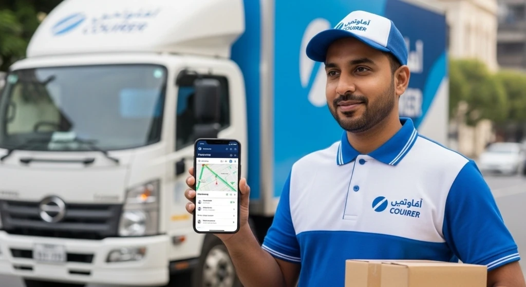 Khubani courier delivery agent tracking package with smartphone for real-time shipment monitoring