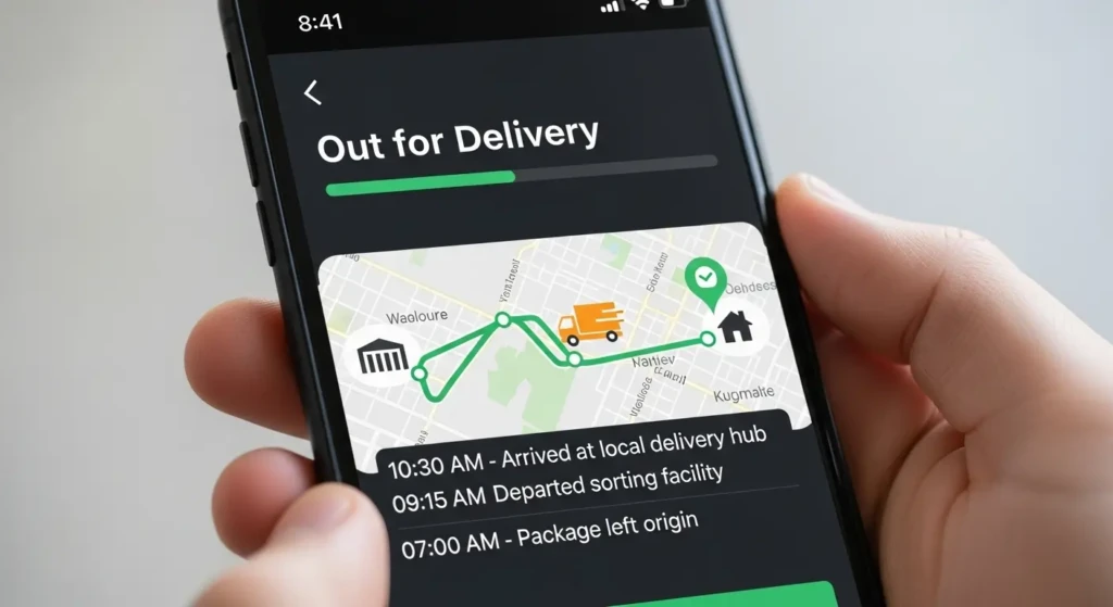 Mobile phone showing ST Courier real-time tracking interface with delivery map