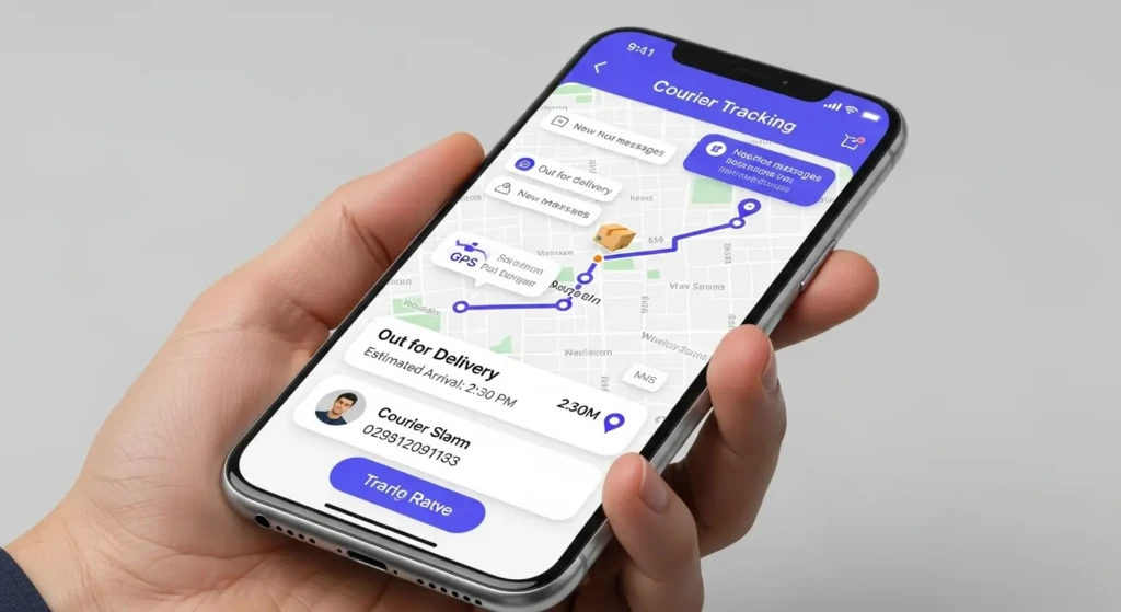 Mobile phone showing Khubani courier tracking app with real-time GPS location and delivery notifications