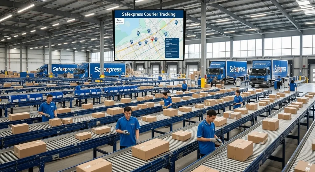 Safexpress logistics warehouse with GPS-enabled tracking systems and automated package sorting facilities