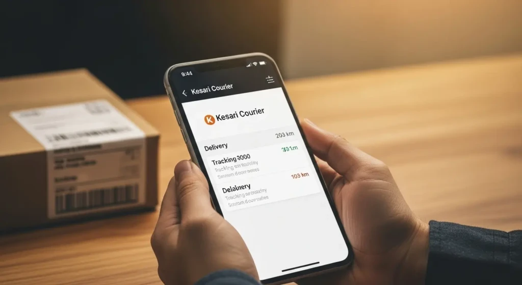 Person tracking Kesari Courier shipment on mobile phone showing real-time delivery status and location updates