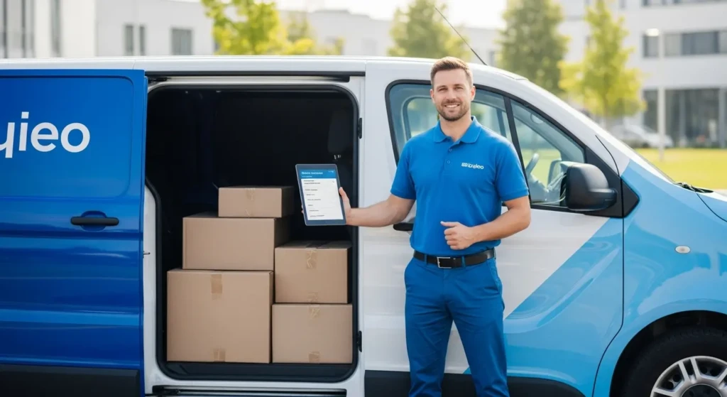 ST Courier delivery professional with tracking tablet and delivery van