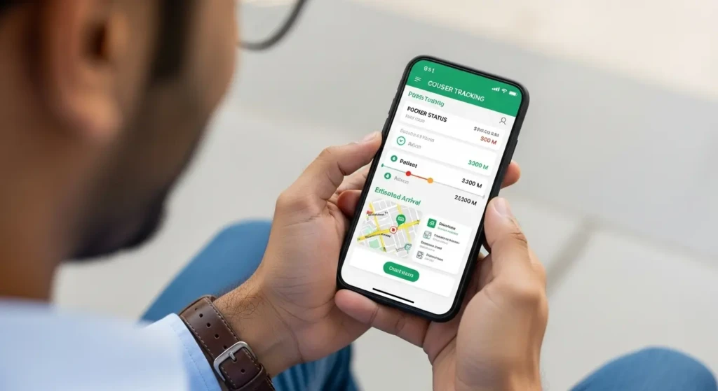 Customer tracking Aviral courier package in real-time using smartphone mobile tracking interface