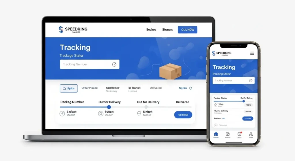Speedking Courier online tracking interface showing tracking number input and shipment status on laptop and mobile devices