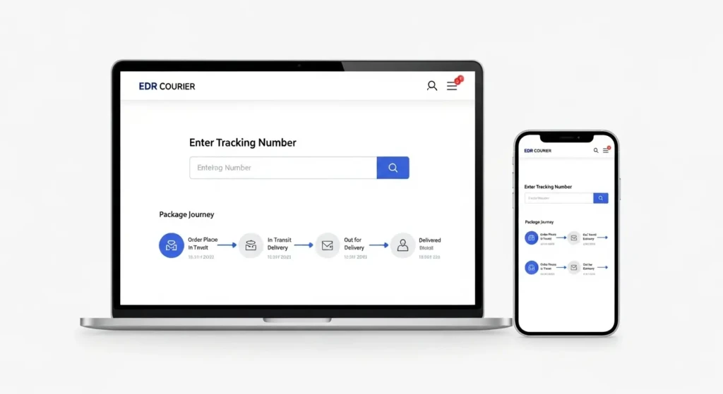 EDR Courier online tracking interface showing how to enter tracking number and view shipment status on multiple devices