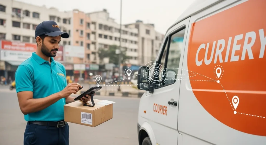 Delivery person scanning package with tracking device for Aviral courier shipment in India