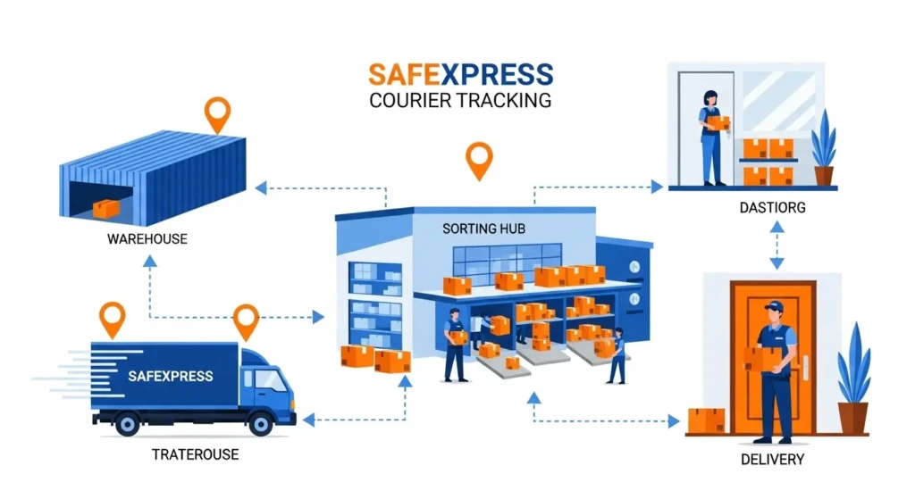 Clean infographic illustration showing courier delivery journey from warehouse to customer doorstep, featuring delivery truck with GPS pin markers, sorting hub facility, and delivery person holding package, flat design style, blue and orange color scheme, professional logistics diagram, white background